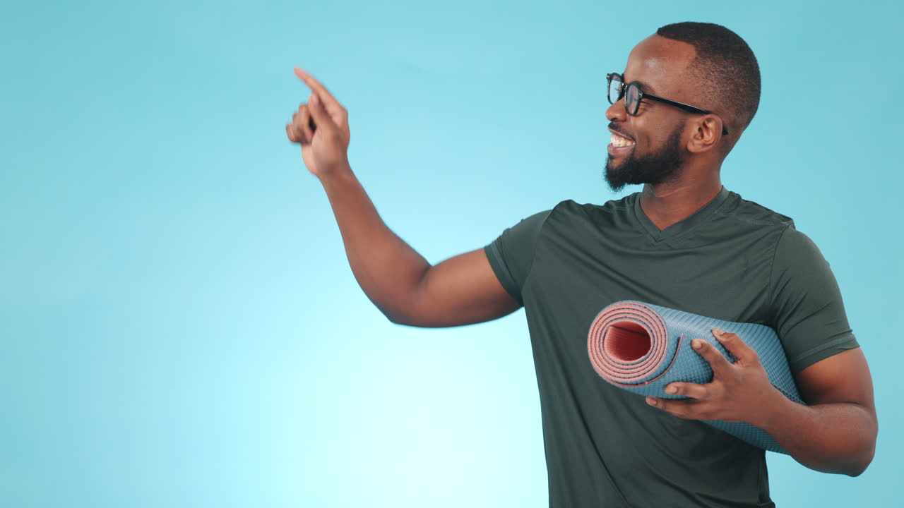Yoga mat, ok sign and happy black man pointing