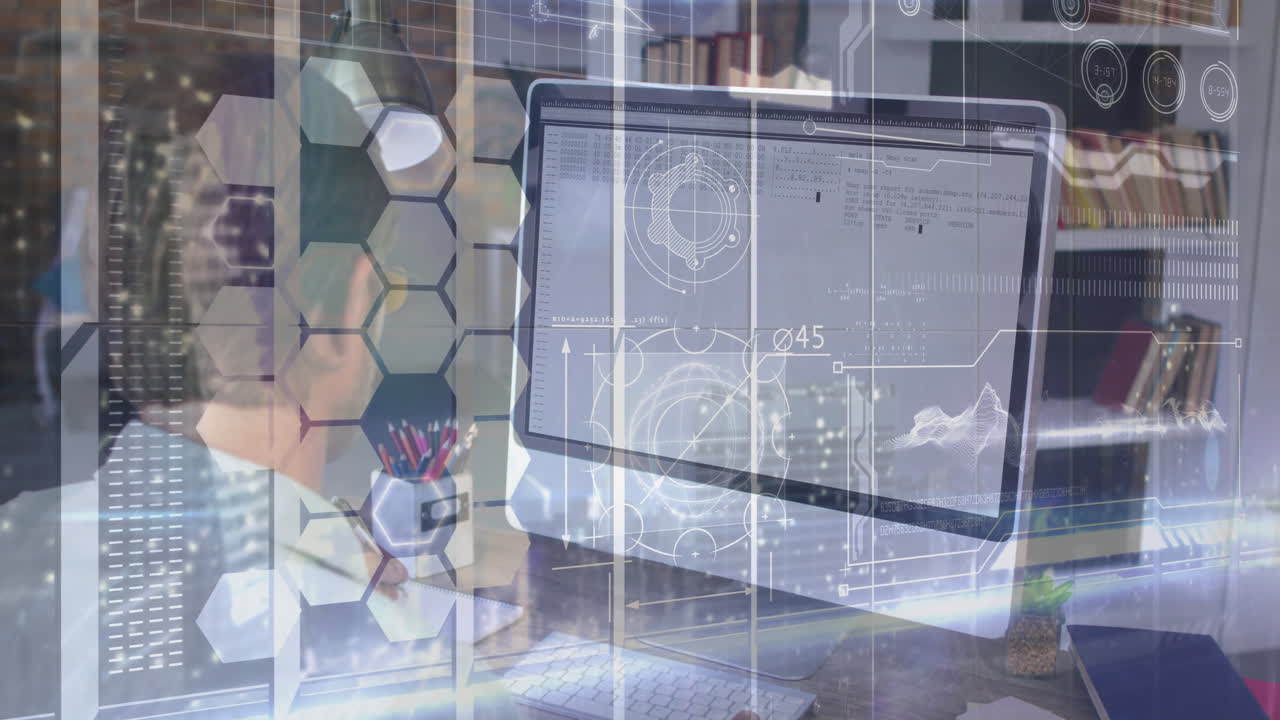 Displaying technical diagrams and data, computer screen showing animation with hexagonal pattern