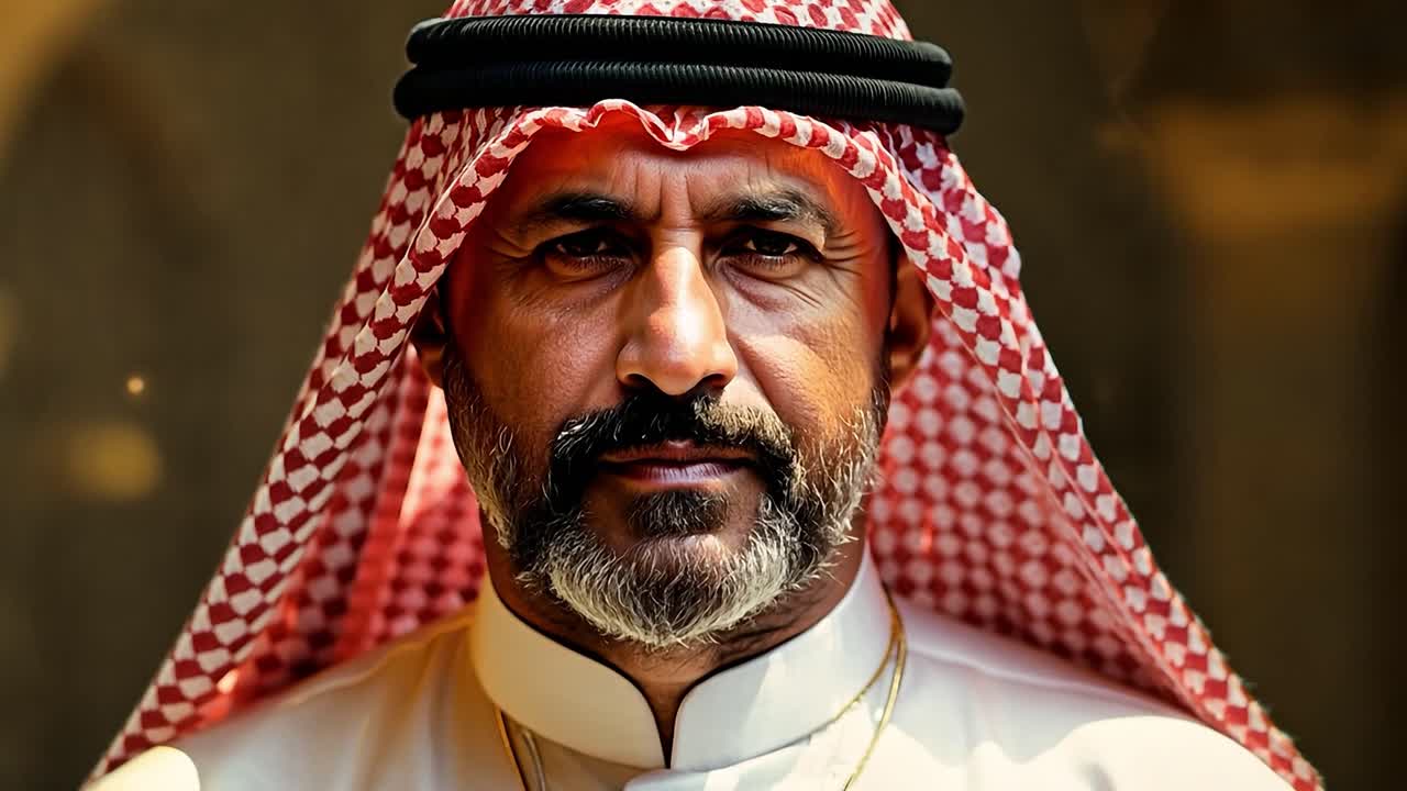 A close-up portrait of a middle-aged man wearing traditional Arab clothing.