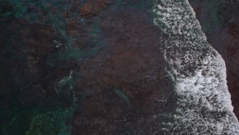 Top-down-aerial-background-of-red-green-sea-bed-with-waves-foam-crashing