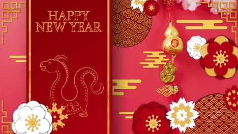 animation of happy new year text and dragon sign with chinese pattern on red background