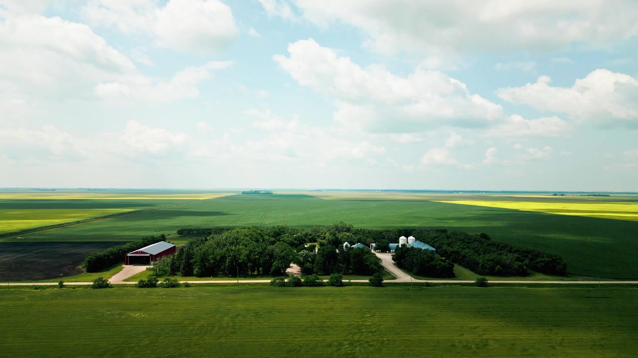 Statisk frontvendt droneoptagelse af en lille præriefarm omgivet af hvede- og rapsmarker under en blå sommerhimmel med drivende skyer.