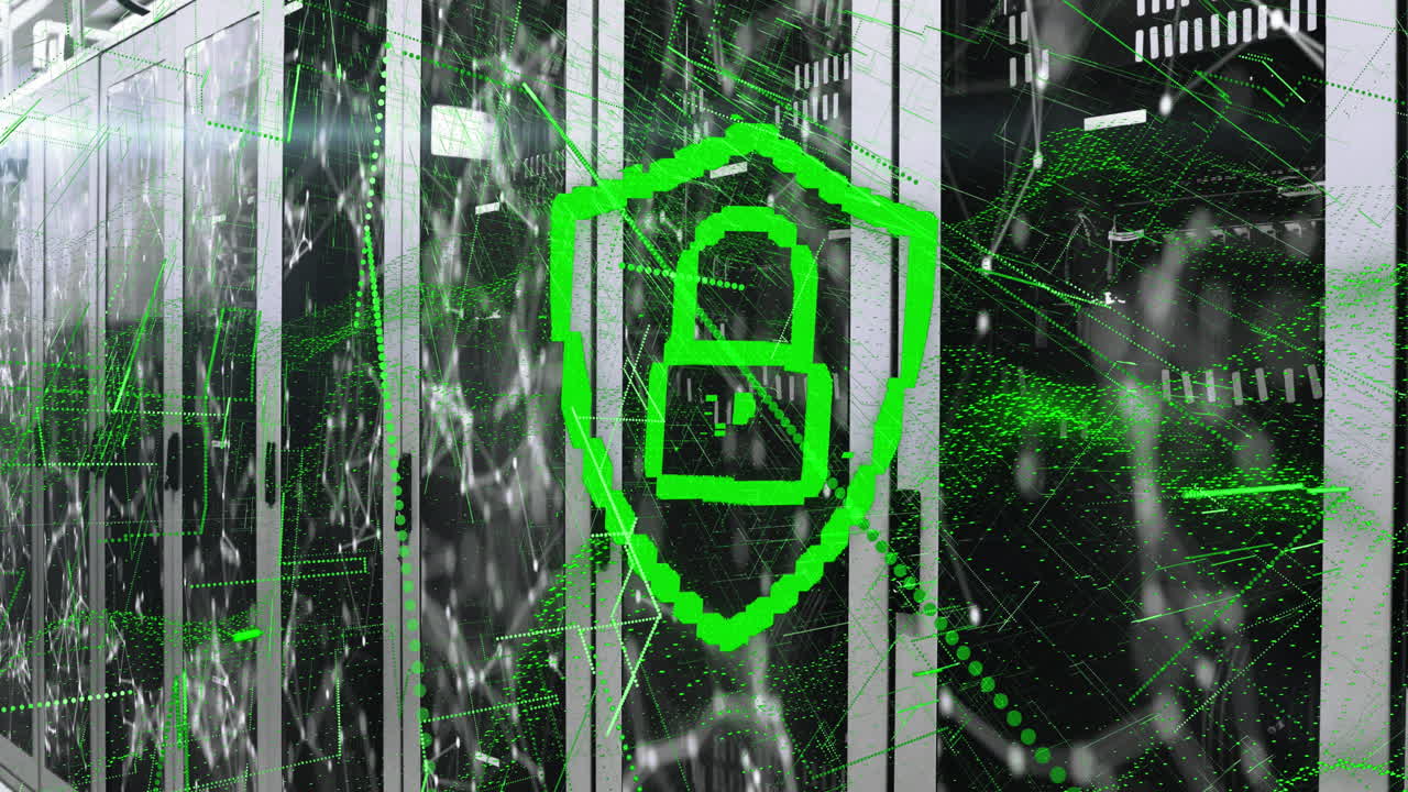 animación de un candado con puntos conectados y patrones abstractos a través de sistemas de servidor de datos