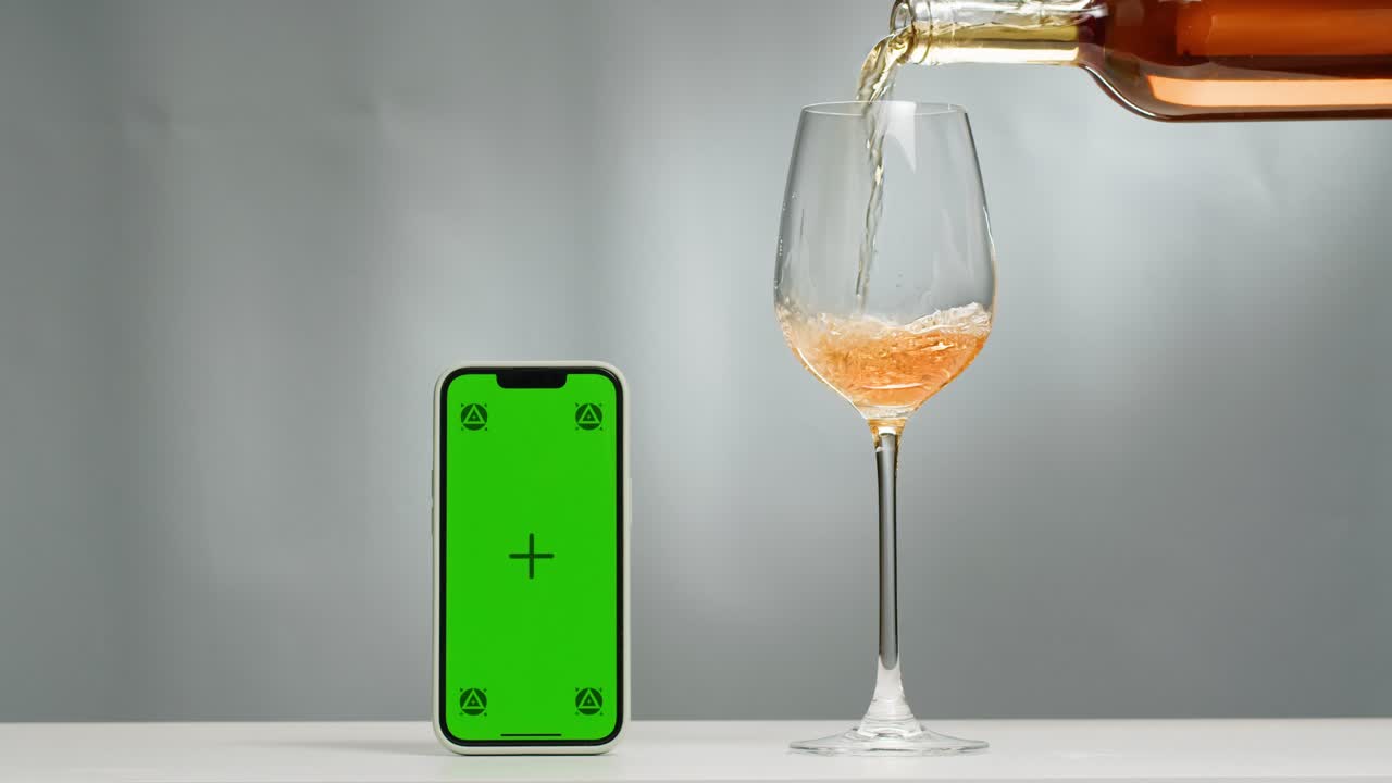 Rose Orange or white wine bottle and glass with chroma key green screen phone smartphone, application app, pouring of ecological natural wine. Cheers, hands with wine glasses, drinking alcohol.
