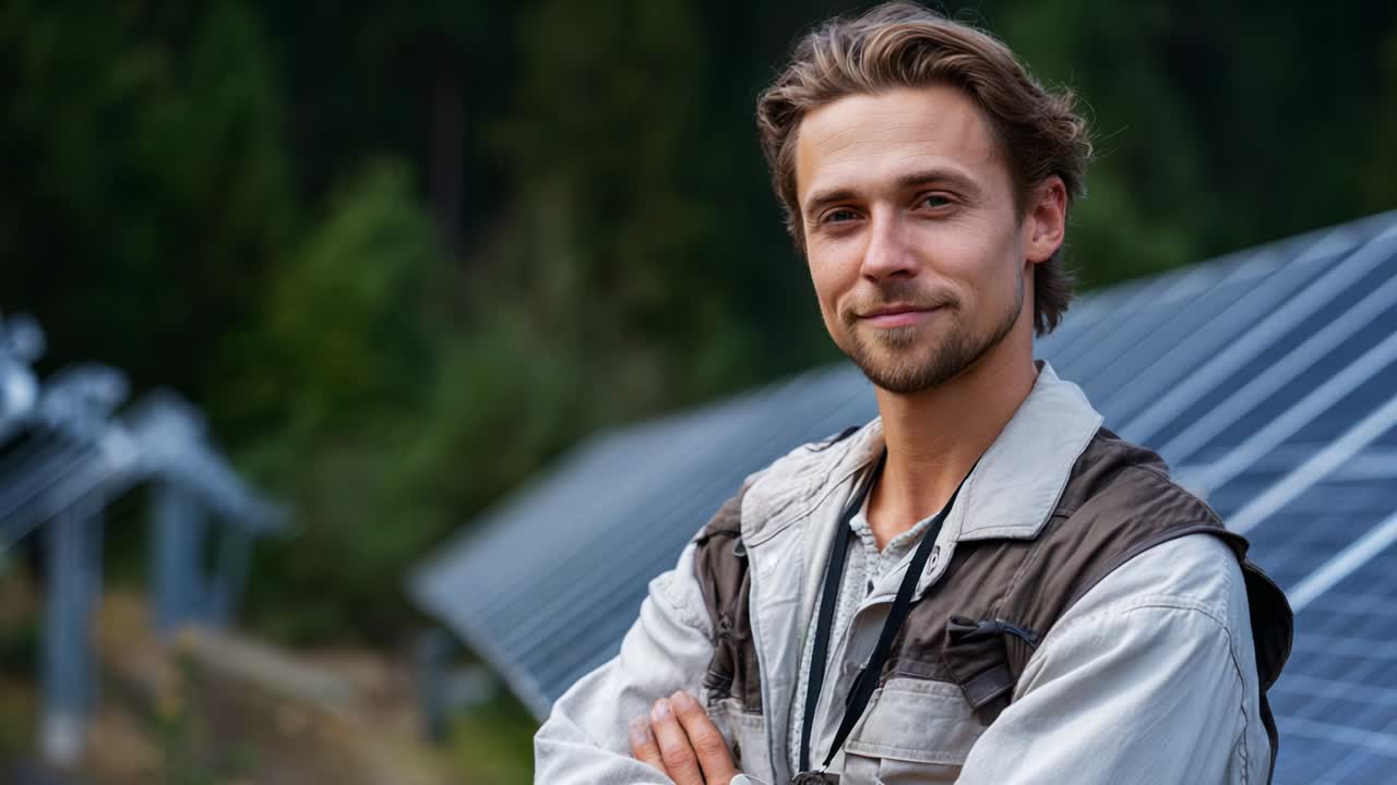 A young man stands proudly in front of solar panels, showcasing his dedication to renewable energy and a sustainable future while exuding confidence and a bright smile in a natural setting