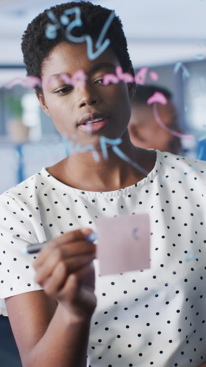 Vertical video of african american business people taking notes on glass wall in office
