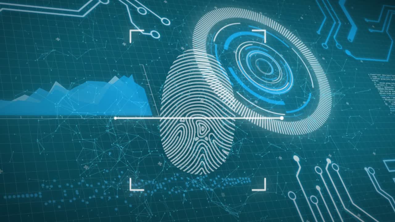 анимация биометрического сканера отпечатков пальцев через интерфейс с обработкой данных на синем фоне