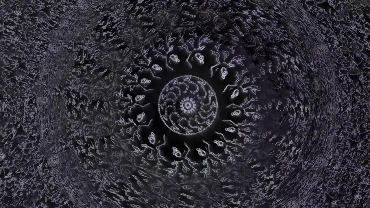 Different abstract shapes swirl and blend in dark tones creating a dynamic pattern. The design evokes movement and complexity with its interwoven forms
