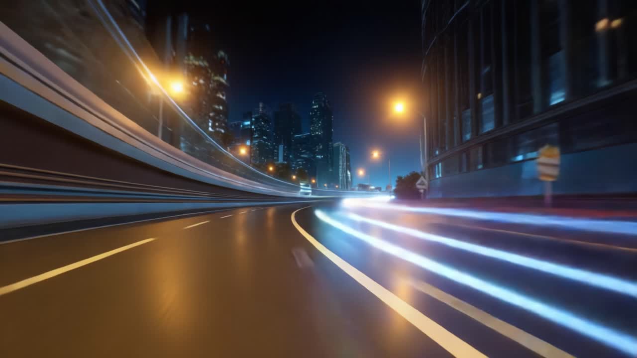 Paesaggio urbano notturno dinamico con scie luminose, catturato da una prospettiva bassa lungo una strada tortuosa circondata da grattacieli ed energia urbana.