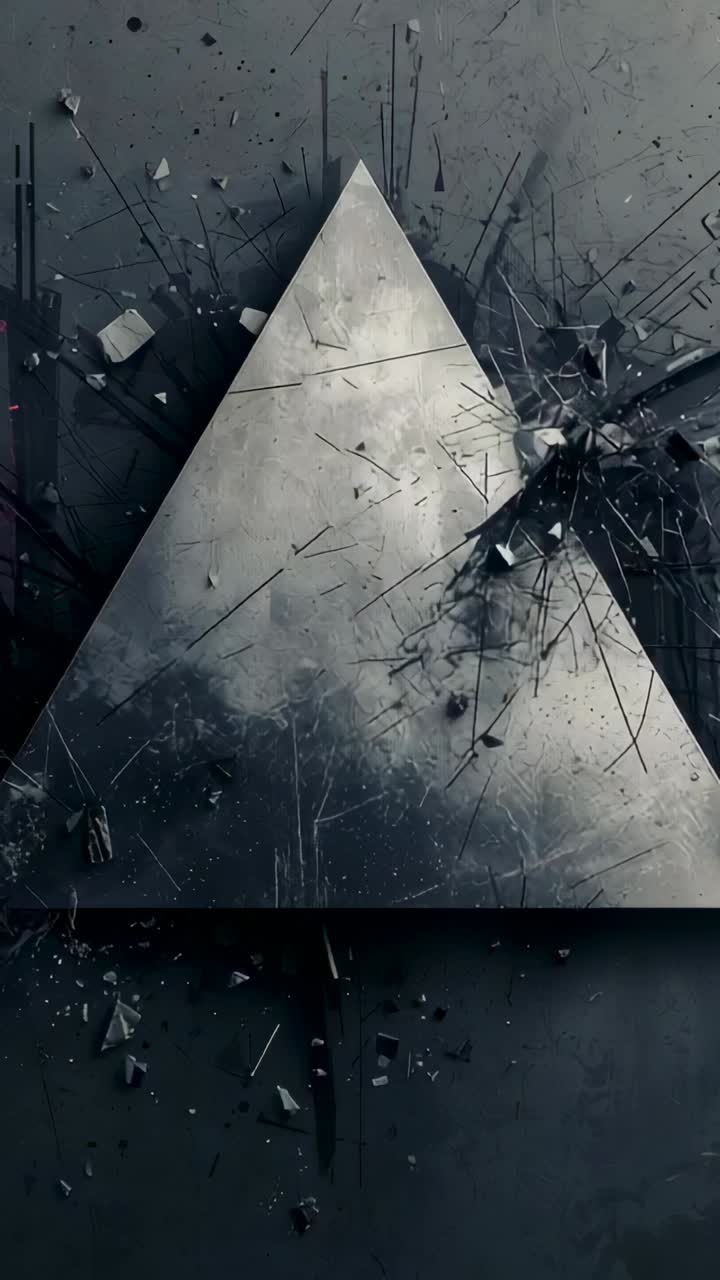 Vertical video: Impact hitting metal triangle right edge during test, ejecting shards and dust