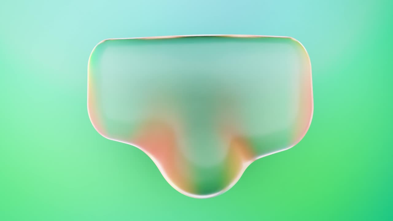 Forma fluida astratta in trasformazione con colori iridescenti su sfondo verde
