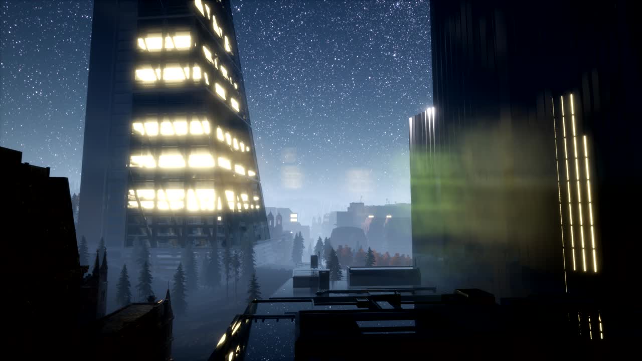 Grattacieli della città di notte con le stelle della Via Lattea