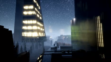 rascacielos de la ciudad por la noche con estrellas de la vía láctea
