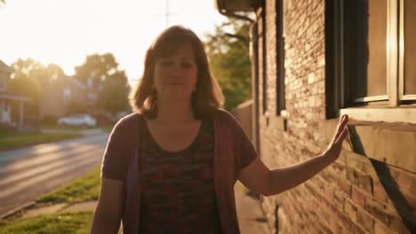 a woman strolling through a sunlit neighborhood, engaging with her surroundings amidst the warm glow of sunset