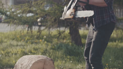 Young Man Cutting Wood With Chainsaw In Yard