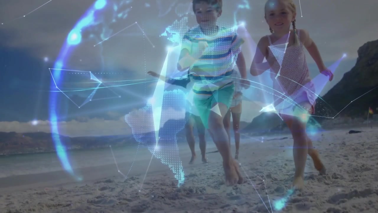 Family walking and children running on beach toward camera causing hologram forming showing network