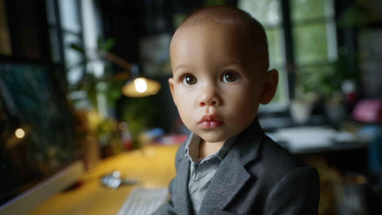 Un bambino vestito in abiti formali, con un'espressione curiosa in uno spazio di lavoro moderno pieno di luce naturale ed elementi verdi lussureggianti