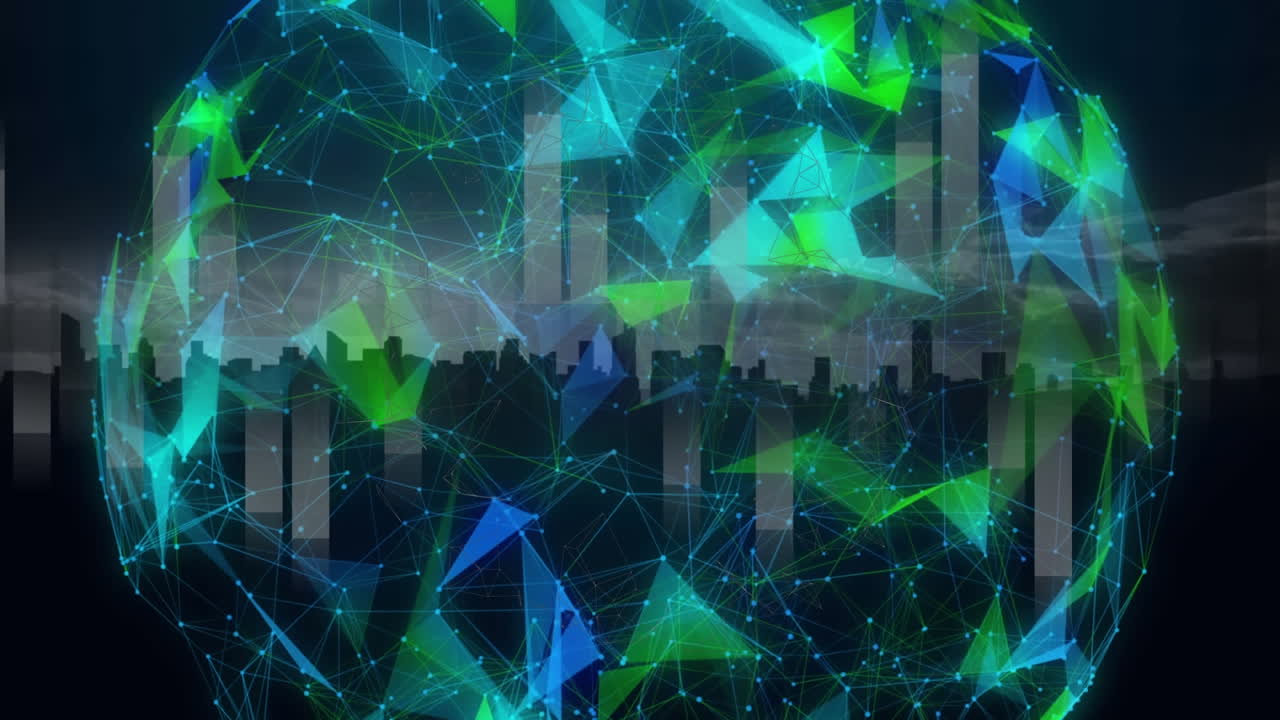 Animation of globe, digital icons and data processing on screens