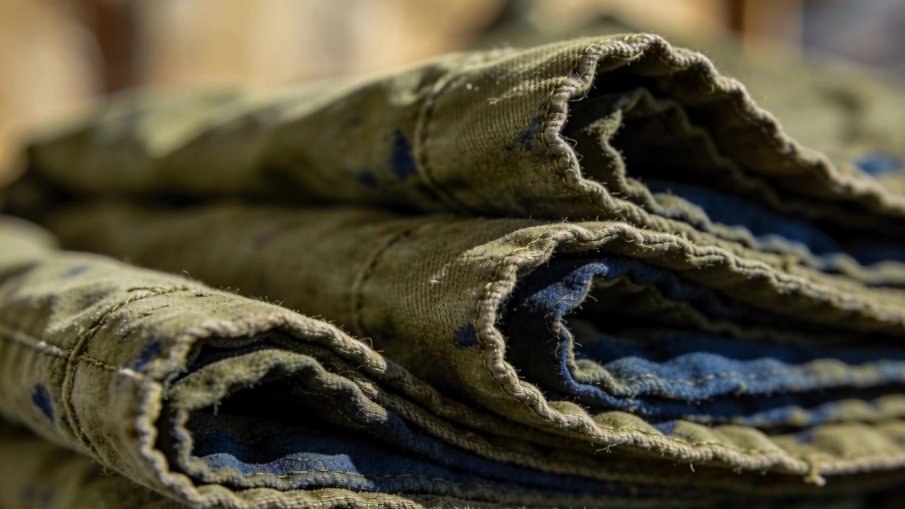 Moving camera revealing folded olive canvas with blue lining in workshop, for close texture study
