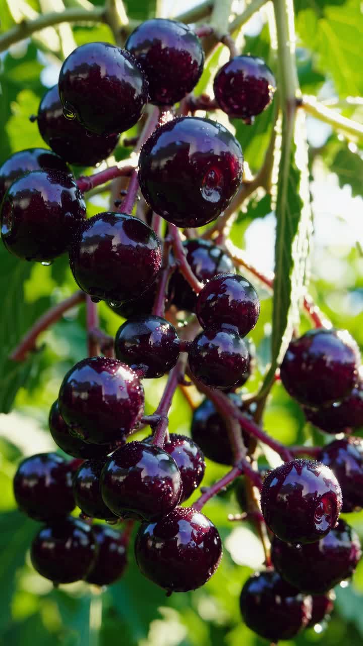 Close-up, low-angle shot of glossy black cherries on a tree branch, bathed in sunlight