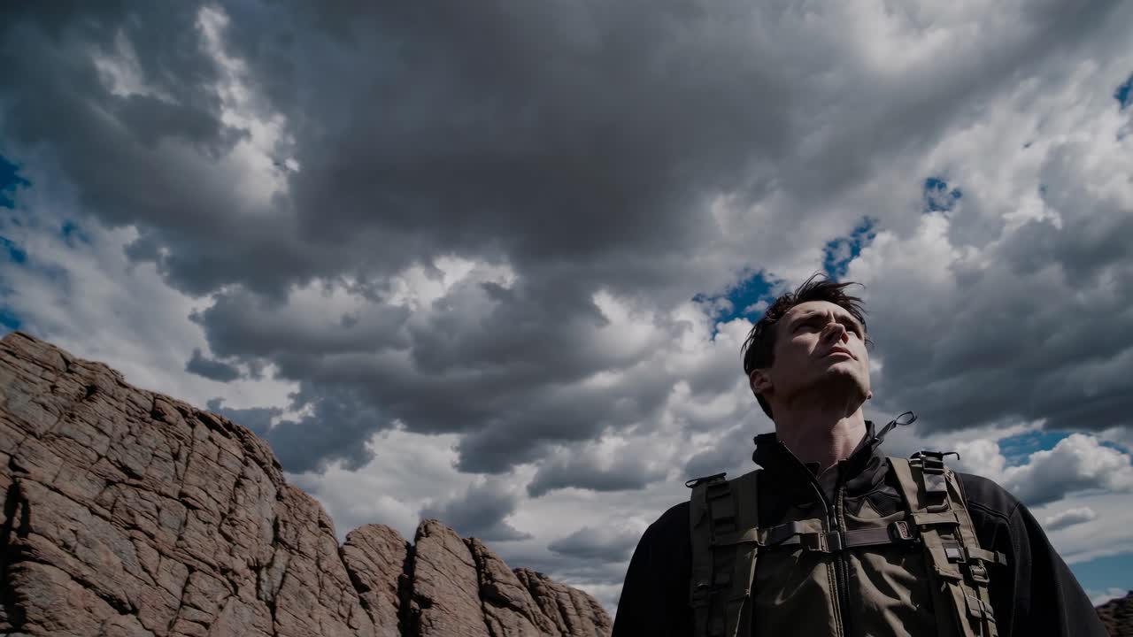 A dramatic video scene with a low-angle shot of a man against a backdrop of rocky cliffs and a sky