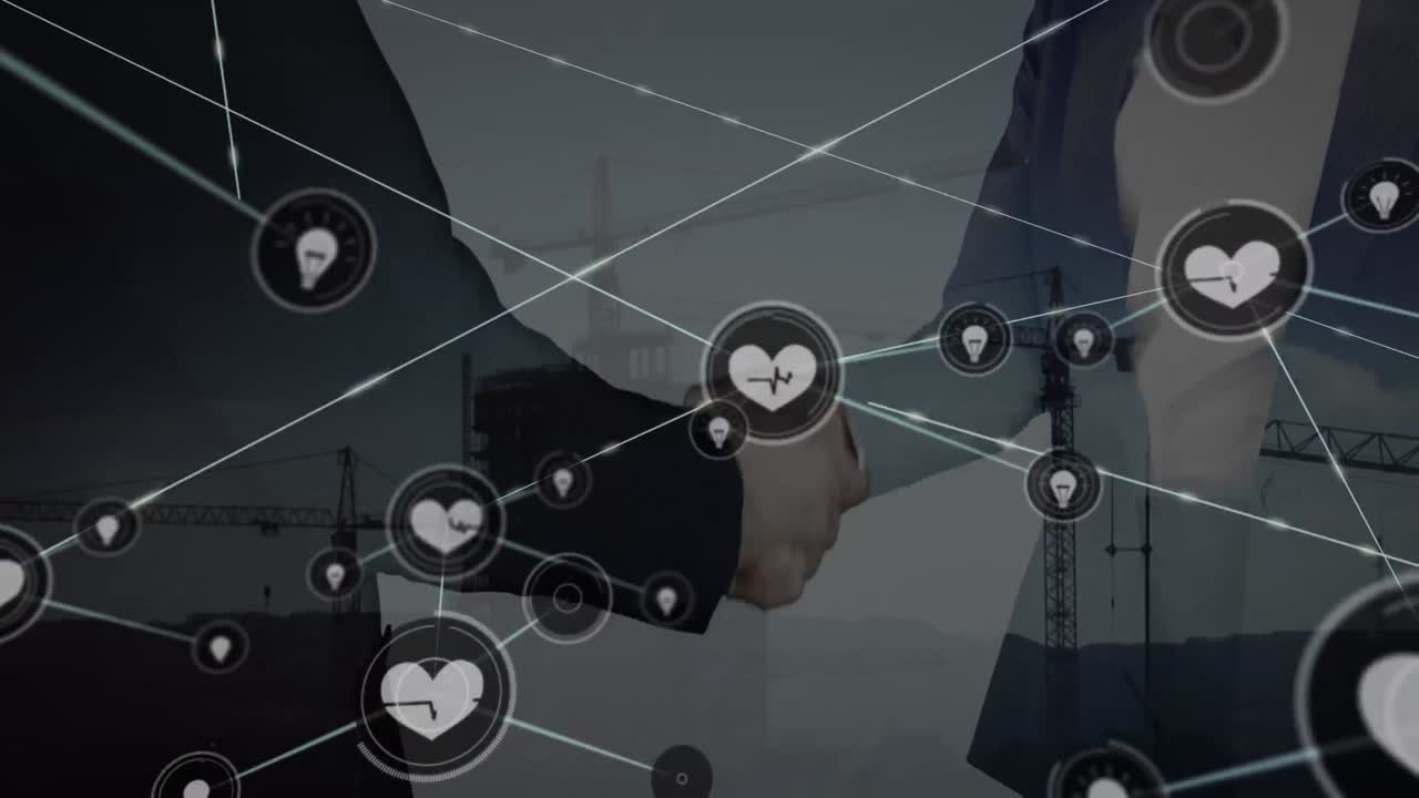 Animation af netværk af forbindelser med ikoner over folk, der giver hånd.