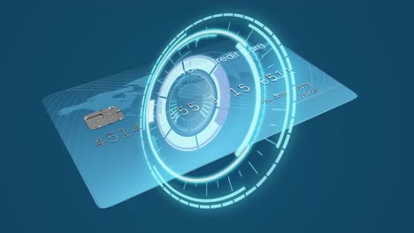 Animation-of-circulars-safe-lock-turning-over-blue-credit-card,-on-dark-blue-background