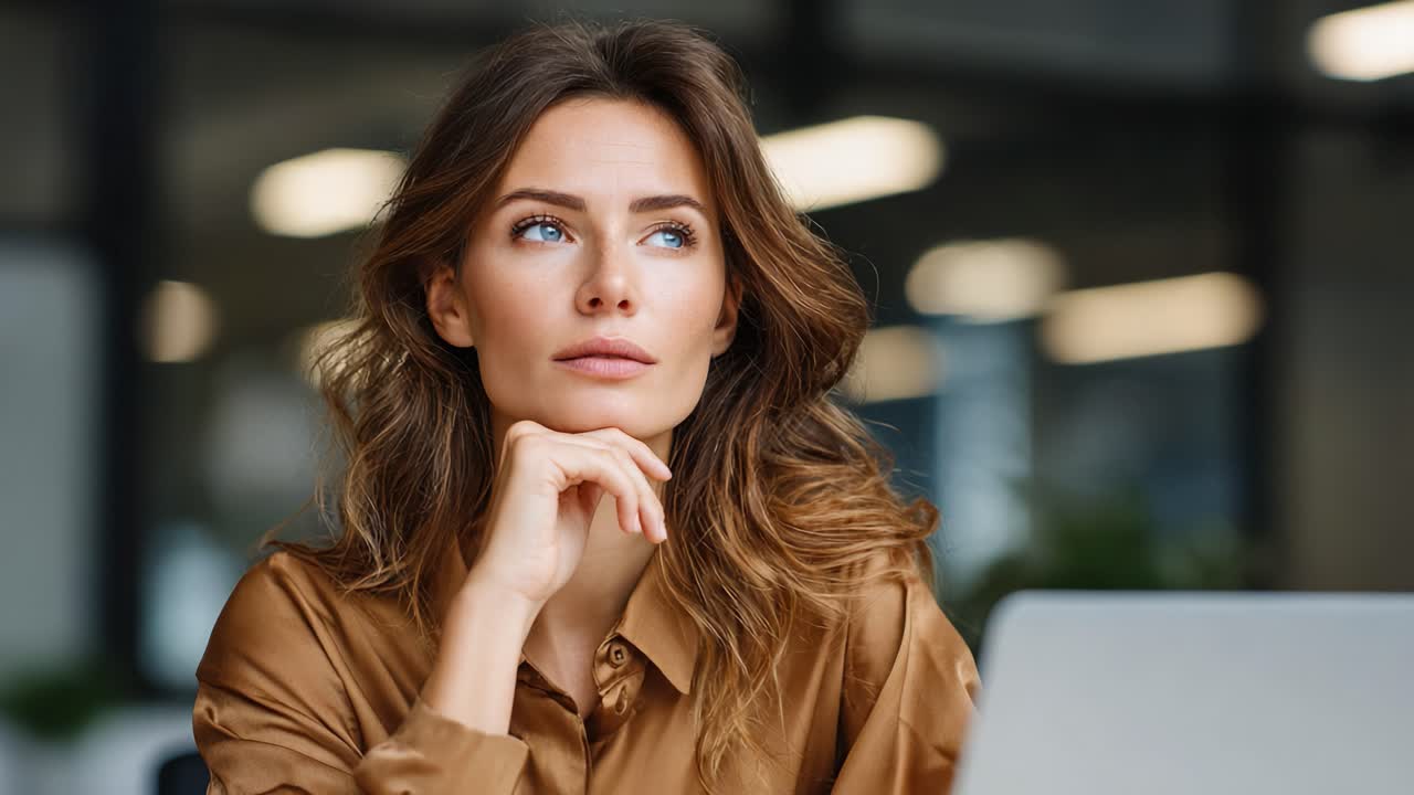 Contemplative Woman in Thoughtful Pose at Work with Laptop: A Moment of Reflection and Focus in a Modern Office Environment