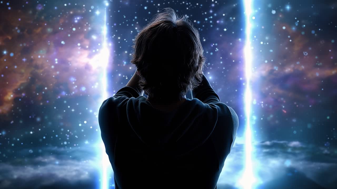 Figura in silhouette si erge davanti a fasci di luce cosmici. Le stelle turbinano dietro colonne verticali di energia radiante. Un'aura misteriosa avvolge l'unico osservatore. Lo spazio profondo sussurra meraviglie sconosciute.