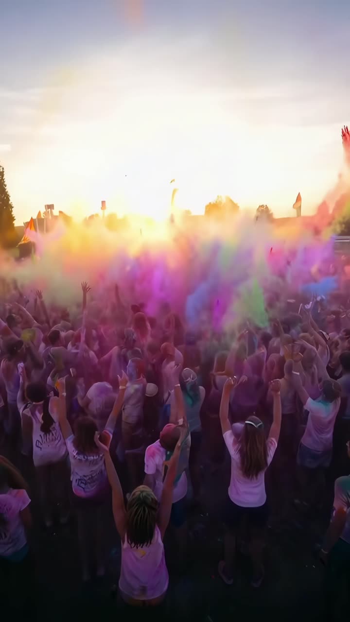 Levende festivalvideo med en lavvinkeloptagelse af to smilende kvinder, dækket af farverigt pulver