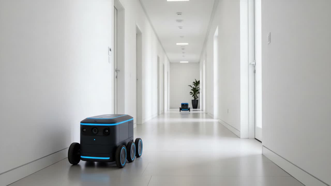 Autonomous Delivery Robots Navigating a Modern Hallway: A Glimpse into the Future of Smart Mobility and Indoor Logistics Solutions