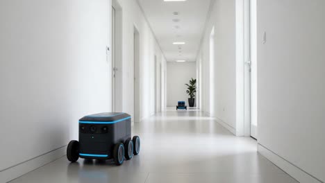 autonomous delivery robots navigating a modern hallway: a glimpse into the future of smart mobility and indoor logistics solutions