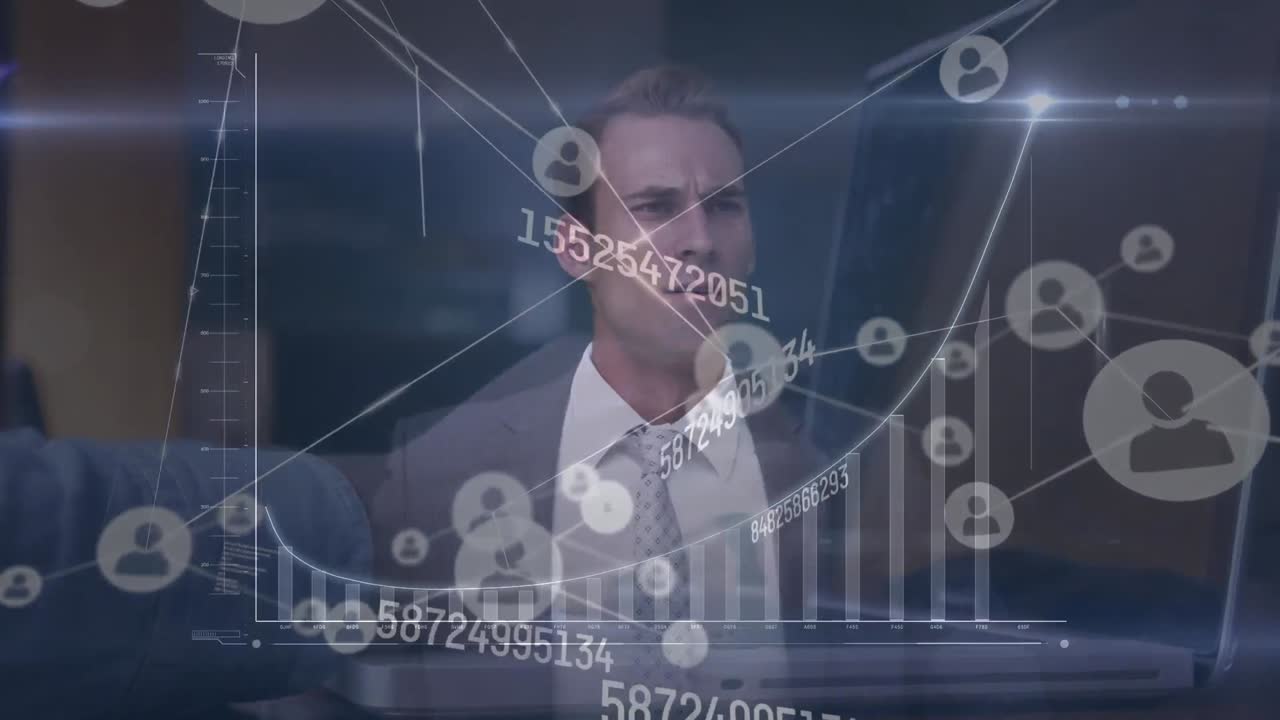 animación de la red de conexiones y procesamiento de datos sobre empresarios caucásicos