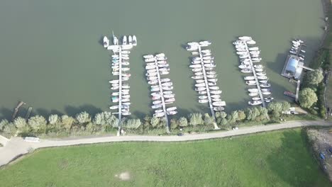drone-shot-over-the-small-harbor-for-boat-and-yacht-in-the-Netherlands
