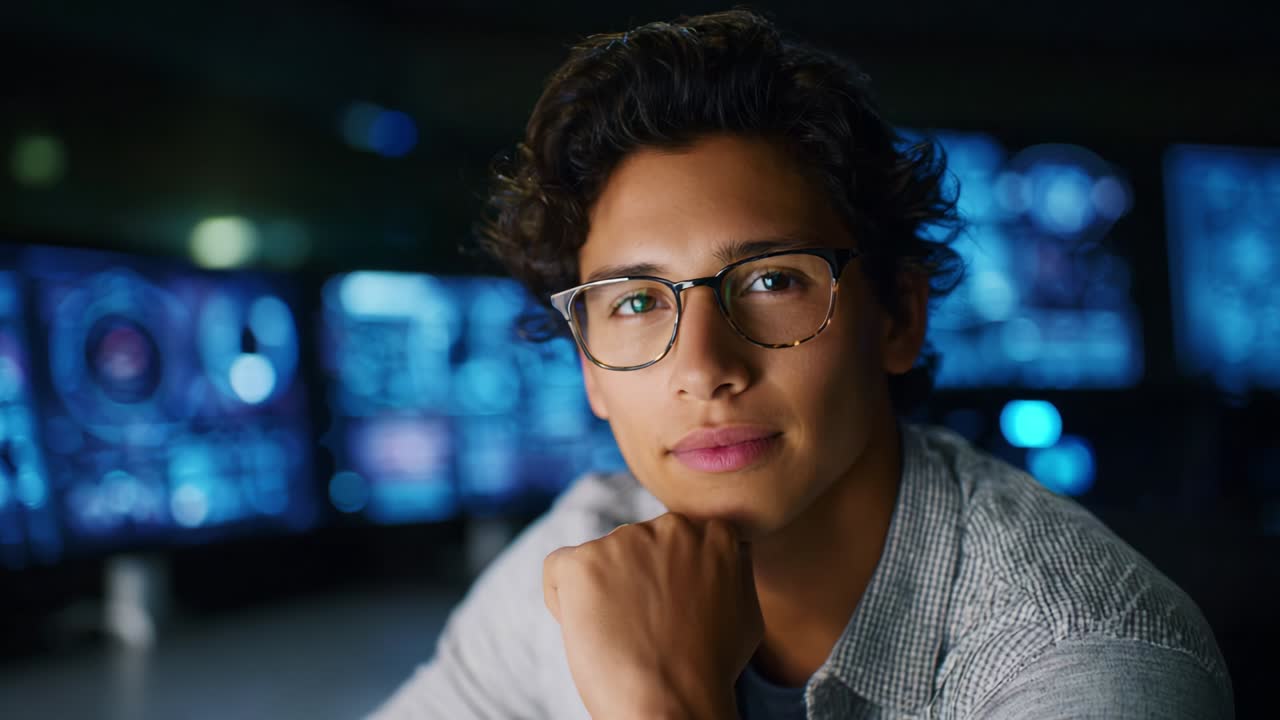 Focused Young Professional in Glasses Posing Thoughtfully Against a Backdrop of High-Tech Digital Displays, Showcasing Innovation and Modern Workplace Environment