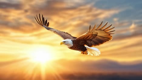 bald eagle soaring at sunset