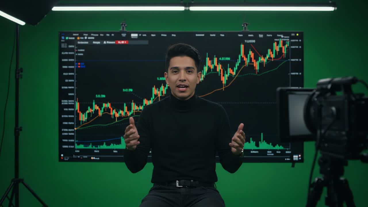 Engasjerende finansielle innsikter: En presentatør analyserer markedstrender og handelsstrategier i et profesjonelt oppsett med grafer og datavisualisering