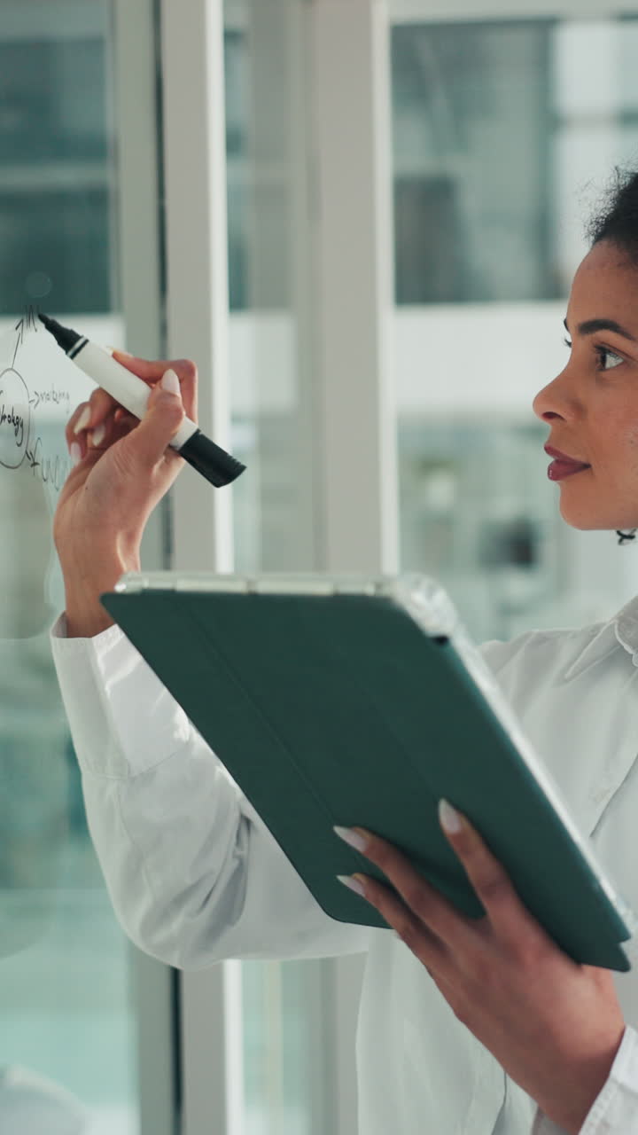 Donna professionista che scrive una strategia su lavagna di vetro con un tablet