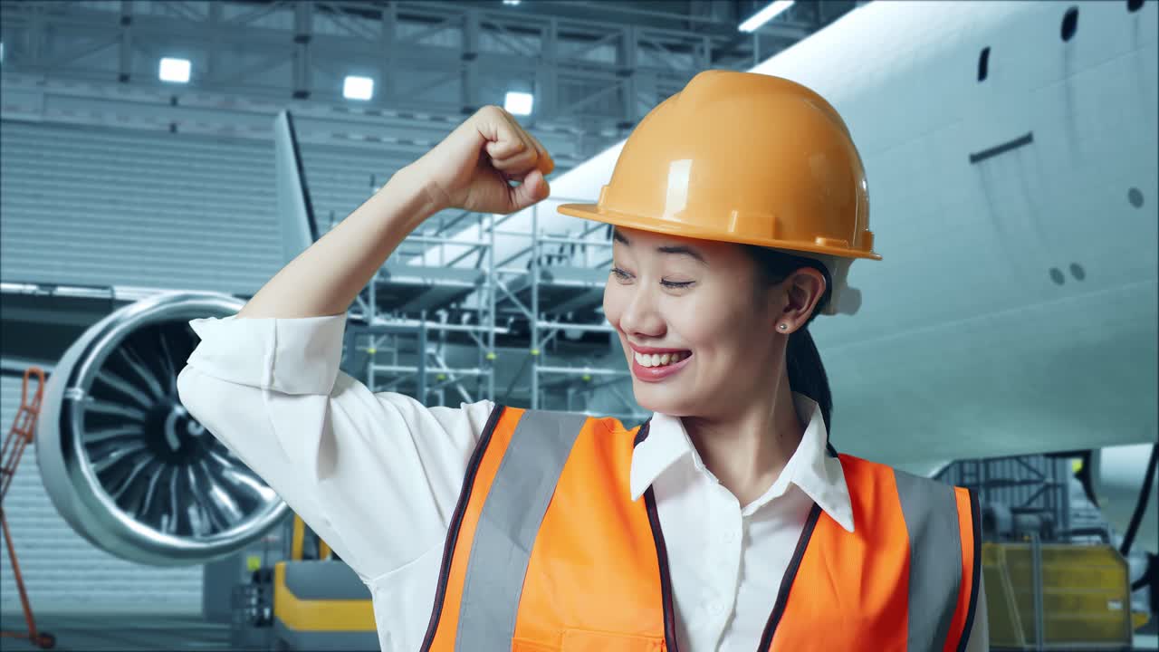 행복한 여성 항공기 기계공