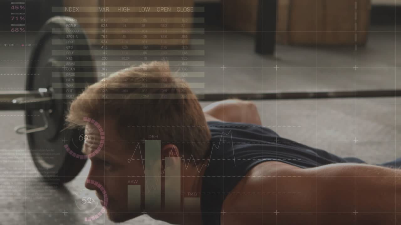 Male athlete planting hands on hex dumbbells, performing push-up reps while fitness HUD tracking %