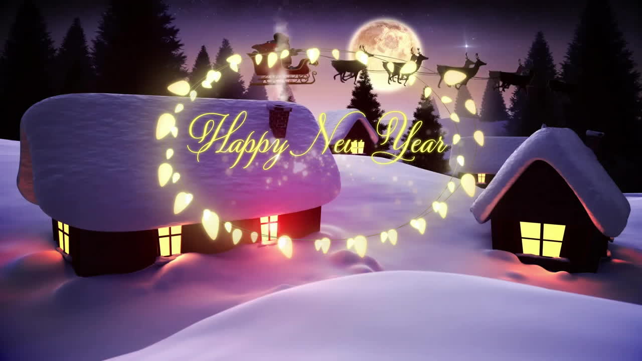 Glowing windows in snow-covered cabins with Happy New Year text in moonlit sky