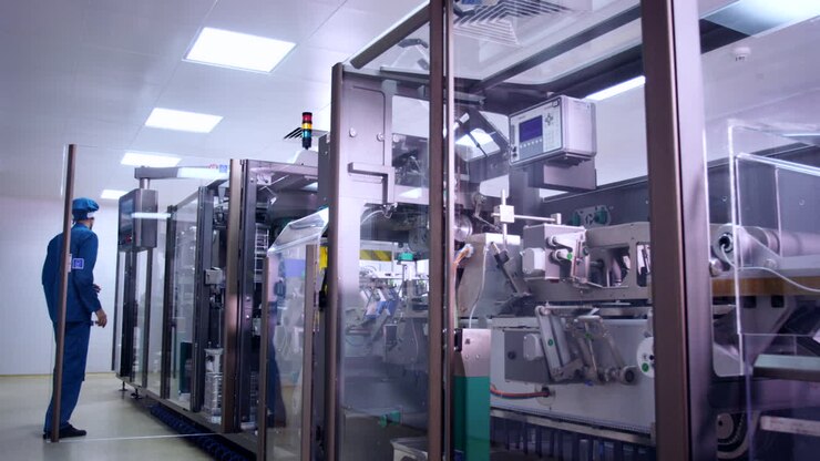 Pharmaceutical production machine. Factory worker control medical manufacturing