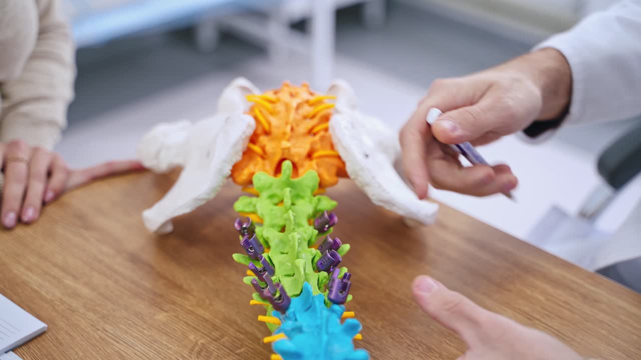 Doctor pointing at skeleton model. Doctor shows the problem areas on the model of the spine to patient