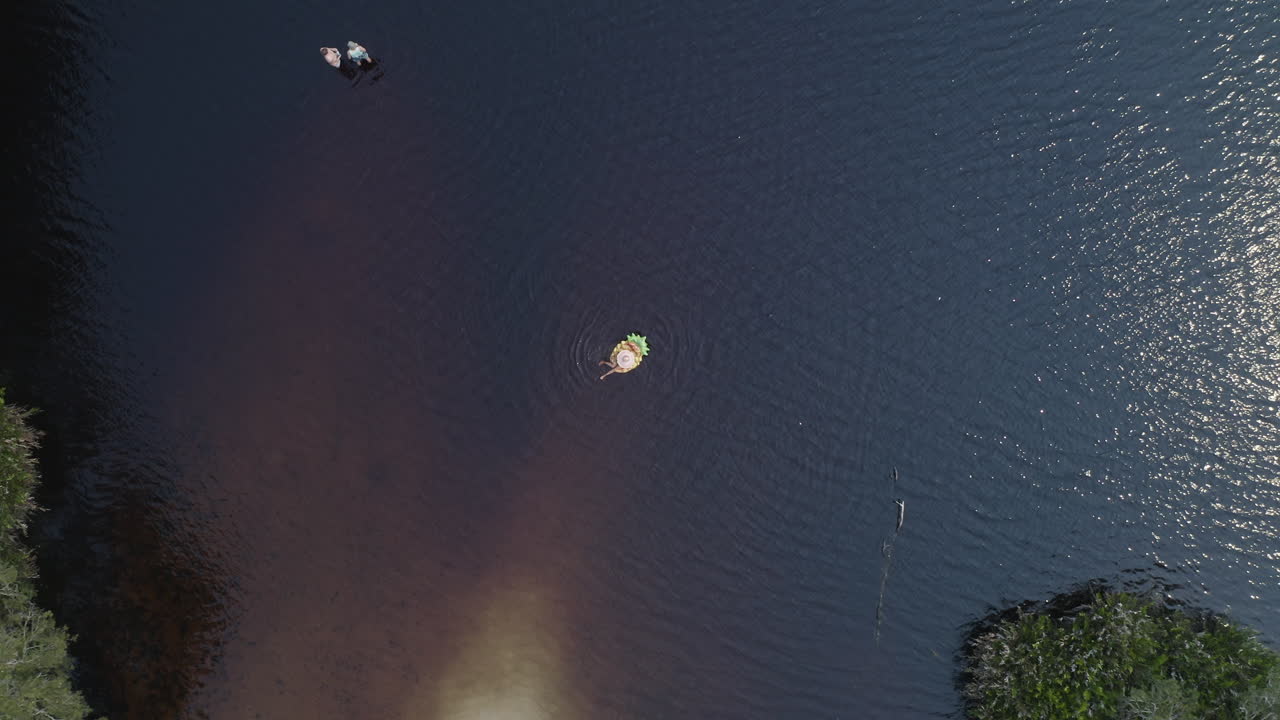 호주 바이런 베이에 있는 바다에 있는 파인애플 풀 플로트에서 휴식을 취하는 소녀의 드론 탑 뷰 축소