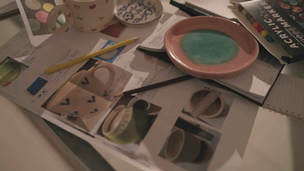 ceramic plate rests on pottery notes and design drafts