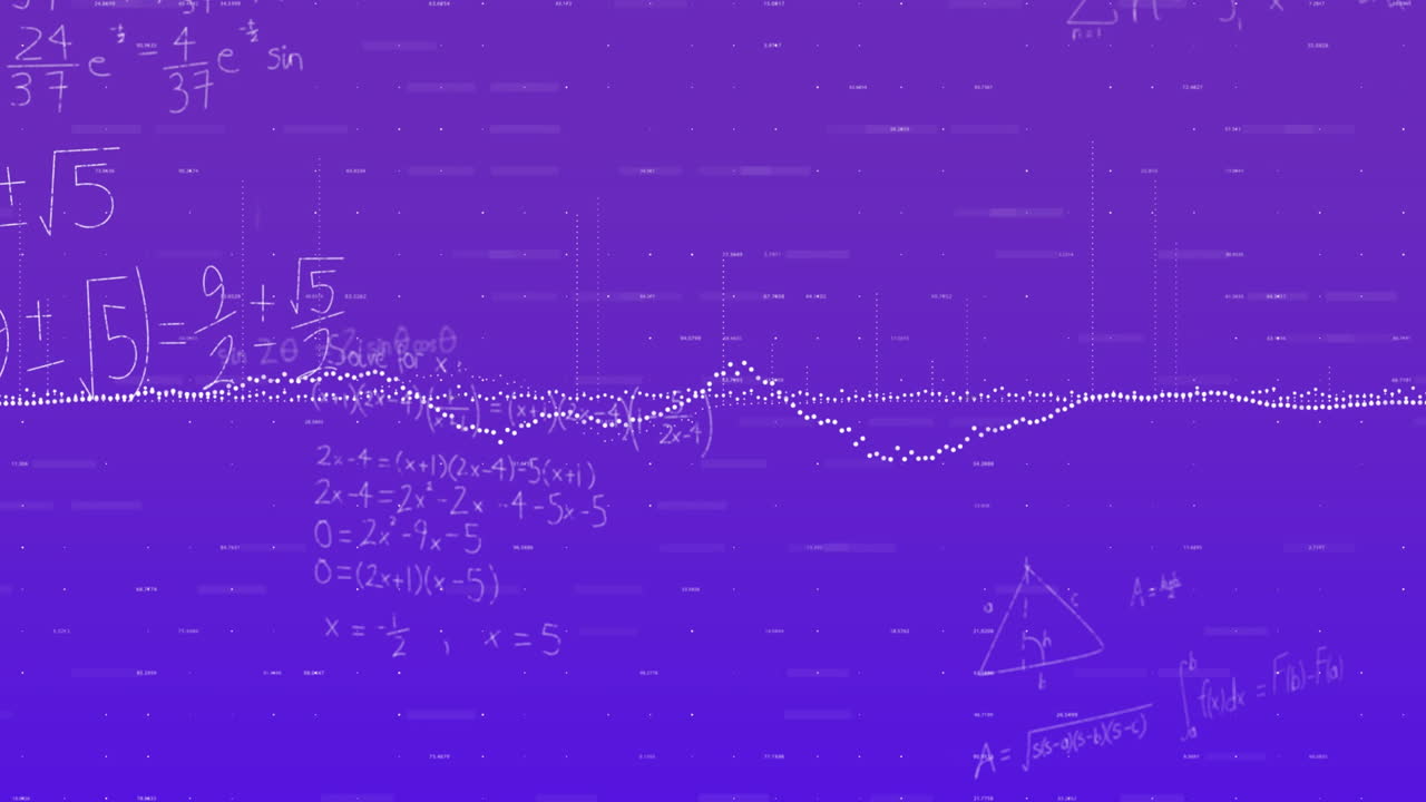 Animation of data processing over mathematical equations on purple background