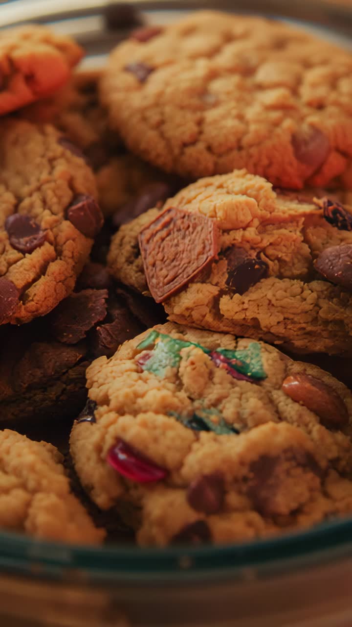 Vertical video: Panning camera over glass bowl of cookies on kitchen counter, revealing mix-ins