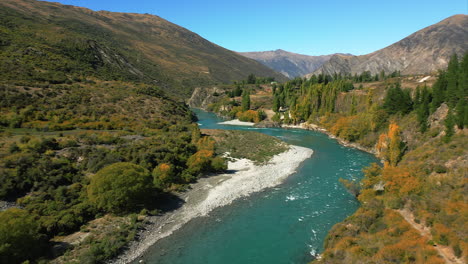 establishing aerial view of kawarau river valley, queenstown, new zealand