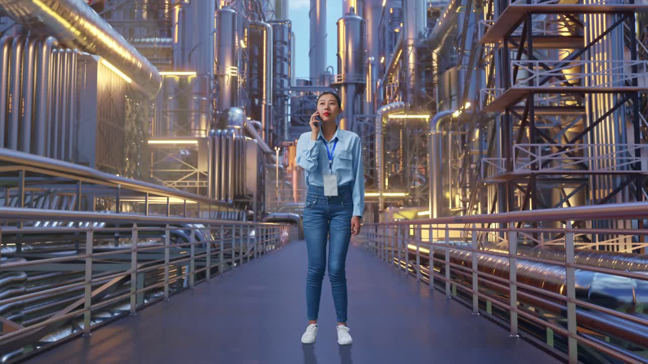 Full Body Of An Asian Female Professional Worker Standing At A Vast Oil Refinery, She Is Speaking With Someone In The Phone
