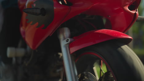 close-up of a red power bike in motion, showing the front wheel and headlamp with a blur view of two persons' legs, with a blur background of electric poles and trees